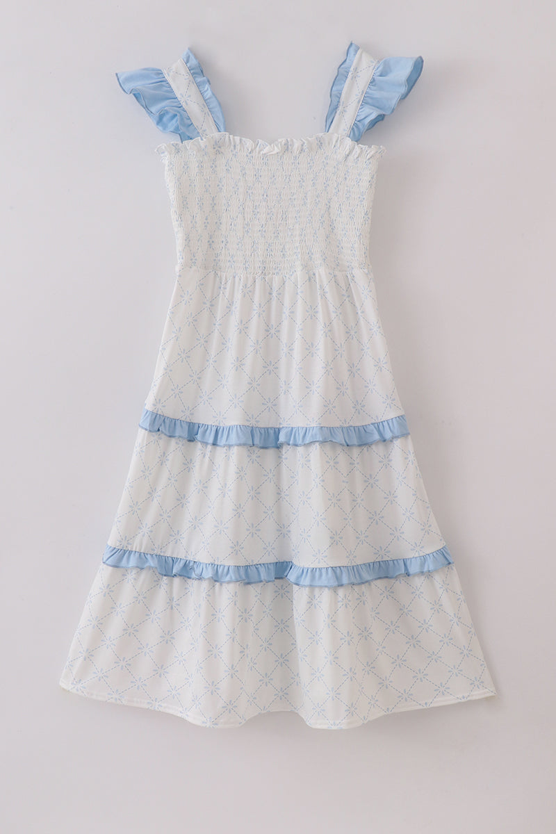 Blue Classic Lattice Charm Smocked Mom Tiered Dress
