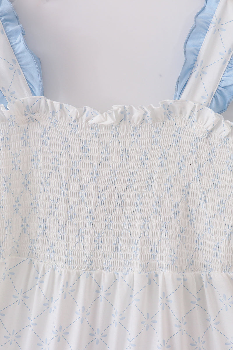 Blue Classic Lattice Charm Smocked Mom Tiered Dress