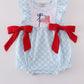 Blue Flag Embroidery Bow Gingham Ruffle Bubble