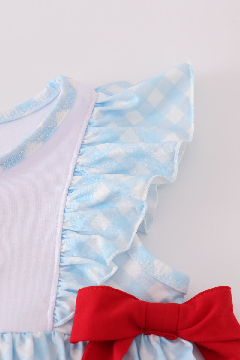 Blue Flag Embroidery Bow Gingham Ruffle Shorts Set