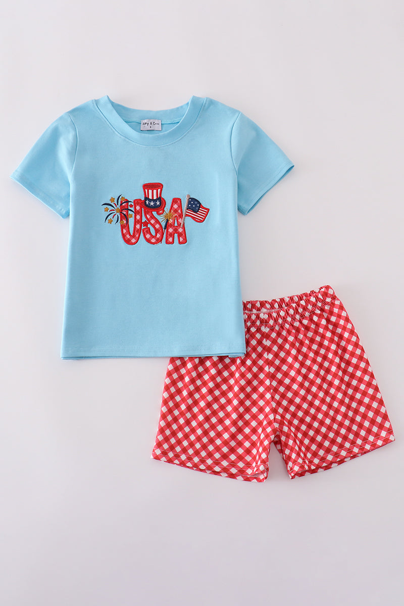 Blue Usa Flag Embroidery Shorts Set