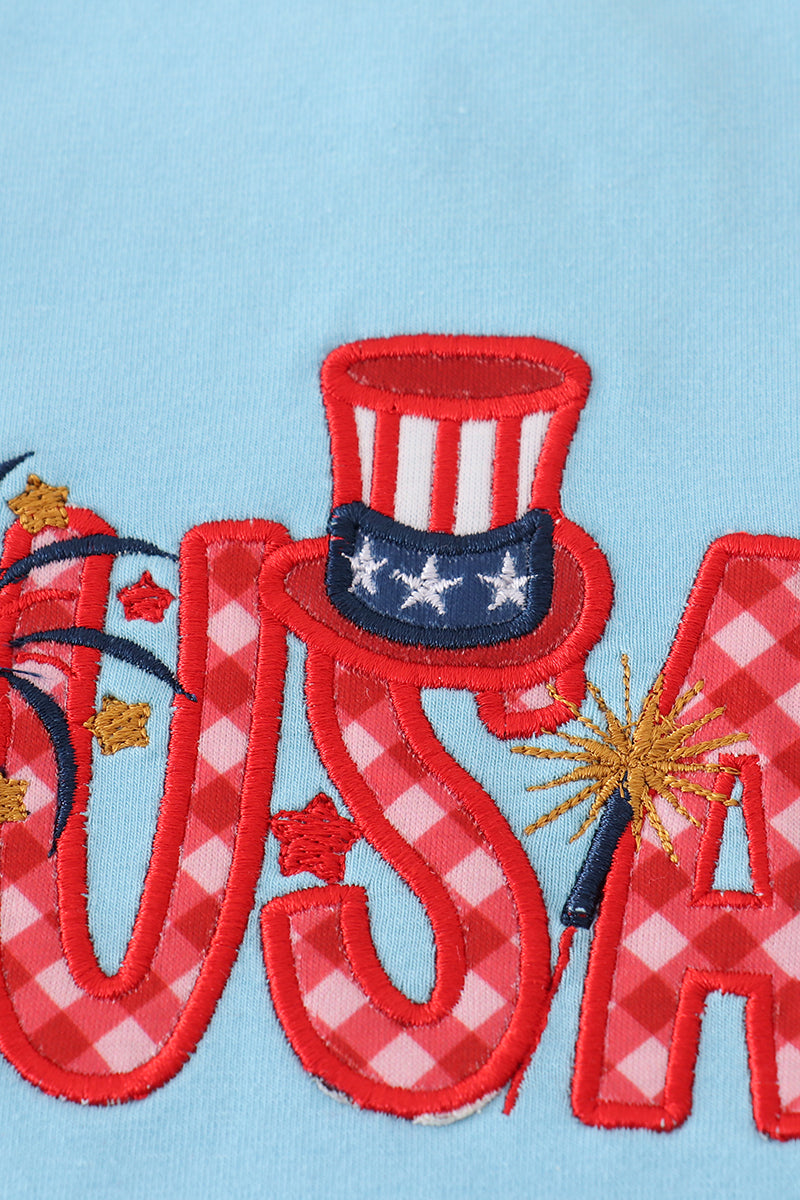 Blue Usa Flag Embroidery Shorts Set