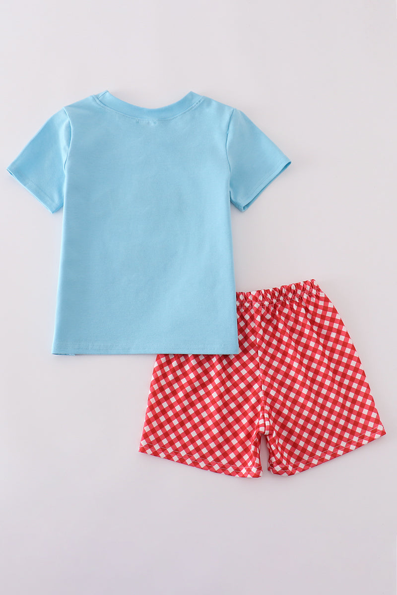 Blue Usa Flag Embroidery Shorts Set