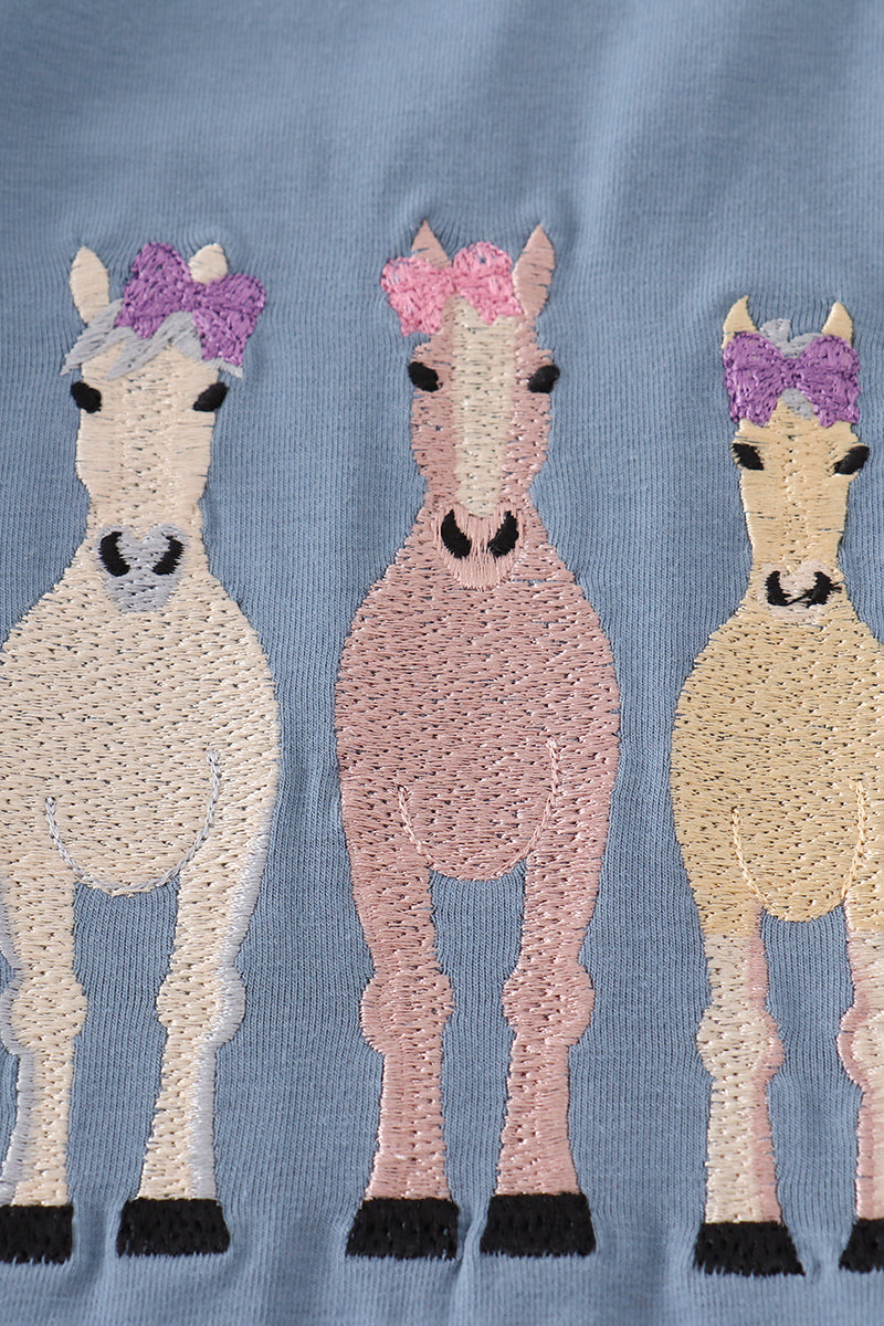 Blue Farm Horses Embroidery Shorts Set