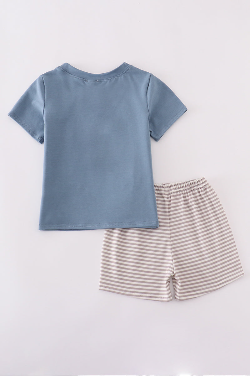 Blue Farm Horses Embroidery Shorts Set