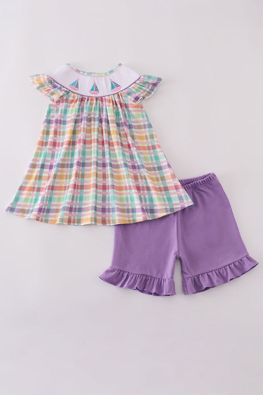 Purple Sailboats Embroidery Ruffle Shorts Set