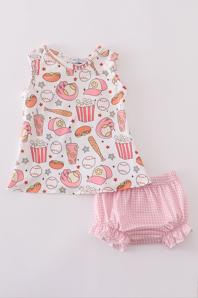 Pink Baseball Print Gingham Bloomer Set