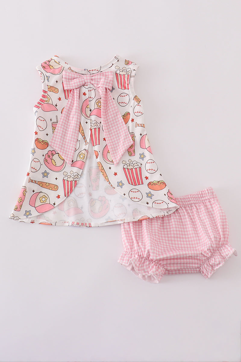 Pink Baseball Print Gingham Bloomer Set