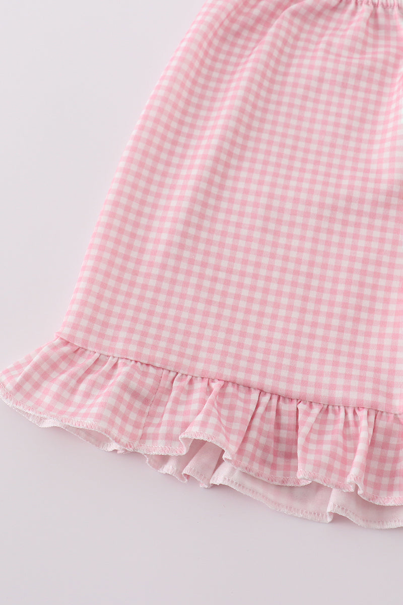 Pink Baseball Print Gingham Ruffle Shorts Set