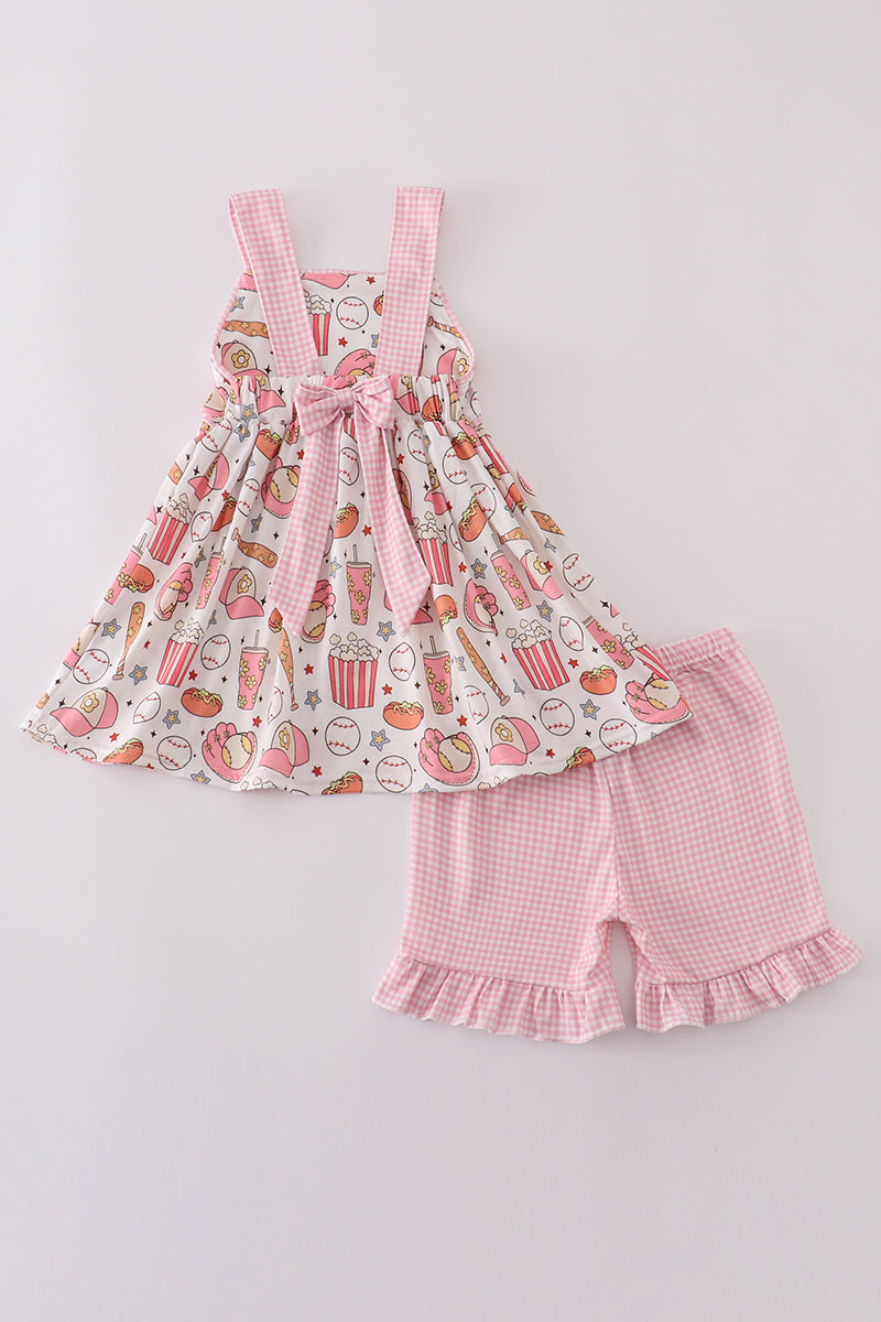 Pink Baseball Print Gingham Ruffle Shorts Set