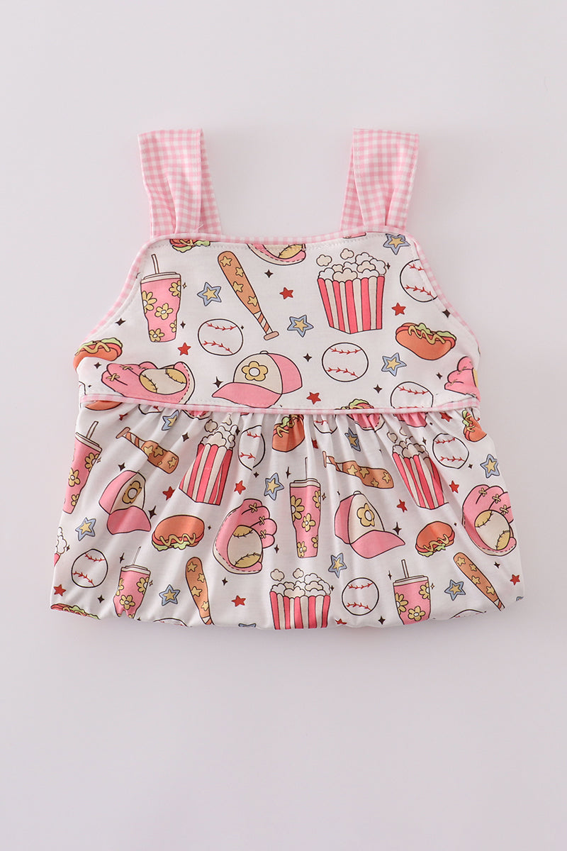 Pink Baseball Print Gingham Ruffle Shorts Set