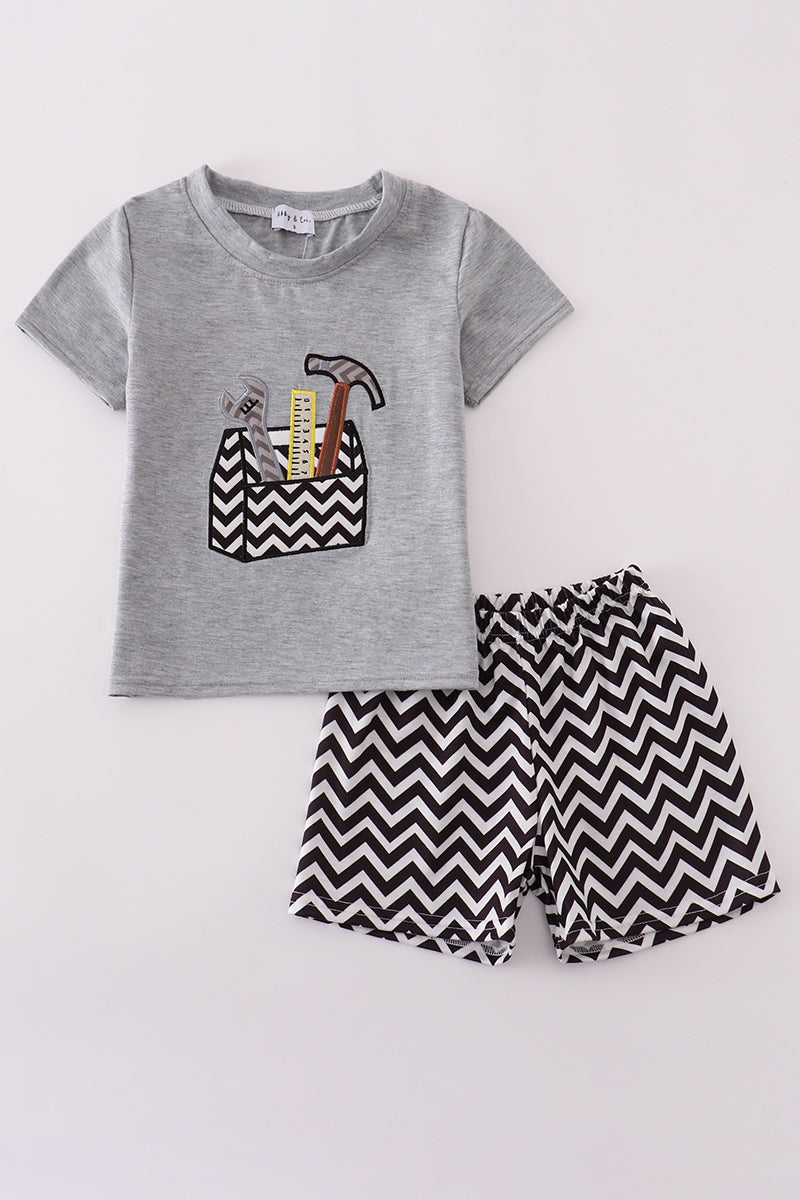 Gray Tool Box Applique Shorts Set