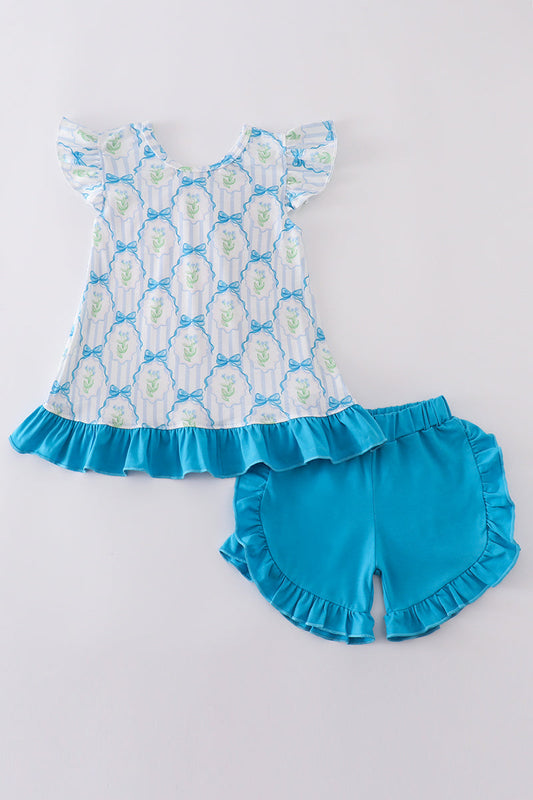 Blue Floral Bow Tie Shorts Set