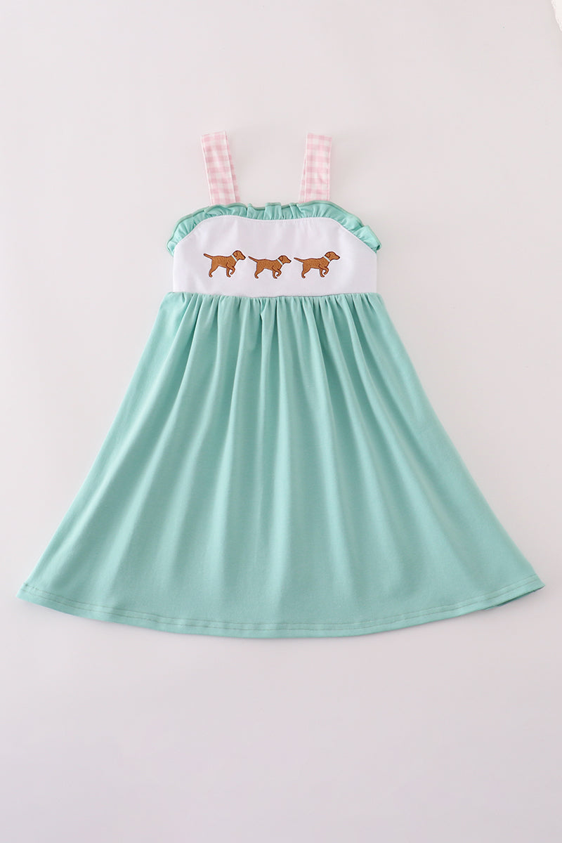 Mint Hunting Puppy Embroidery Ruffle Dress