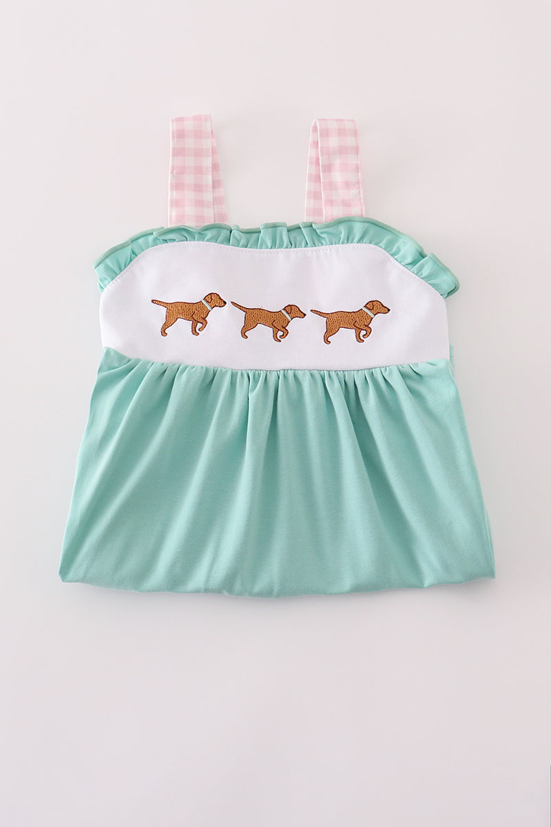 Mint Hunting Puppy Embroidery Ruffle Dress