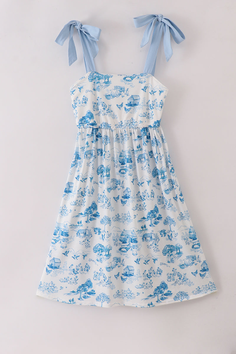 Blue Farm Print Mom Dress