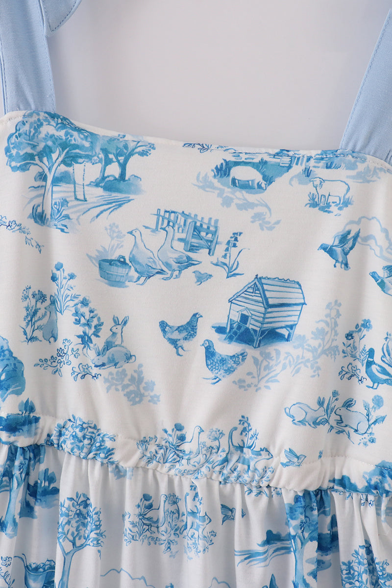 Blue Farm Print Mom Dress