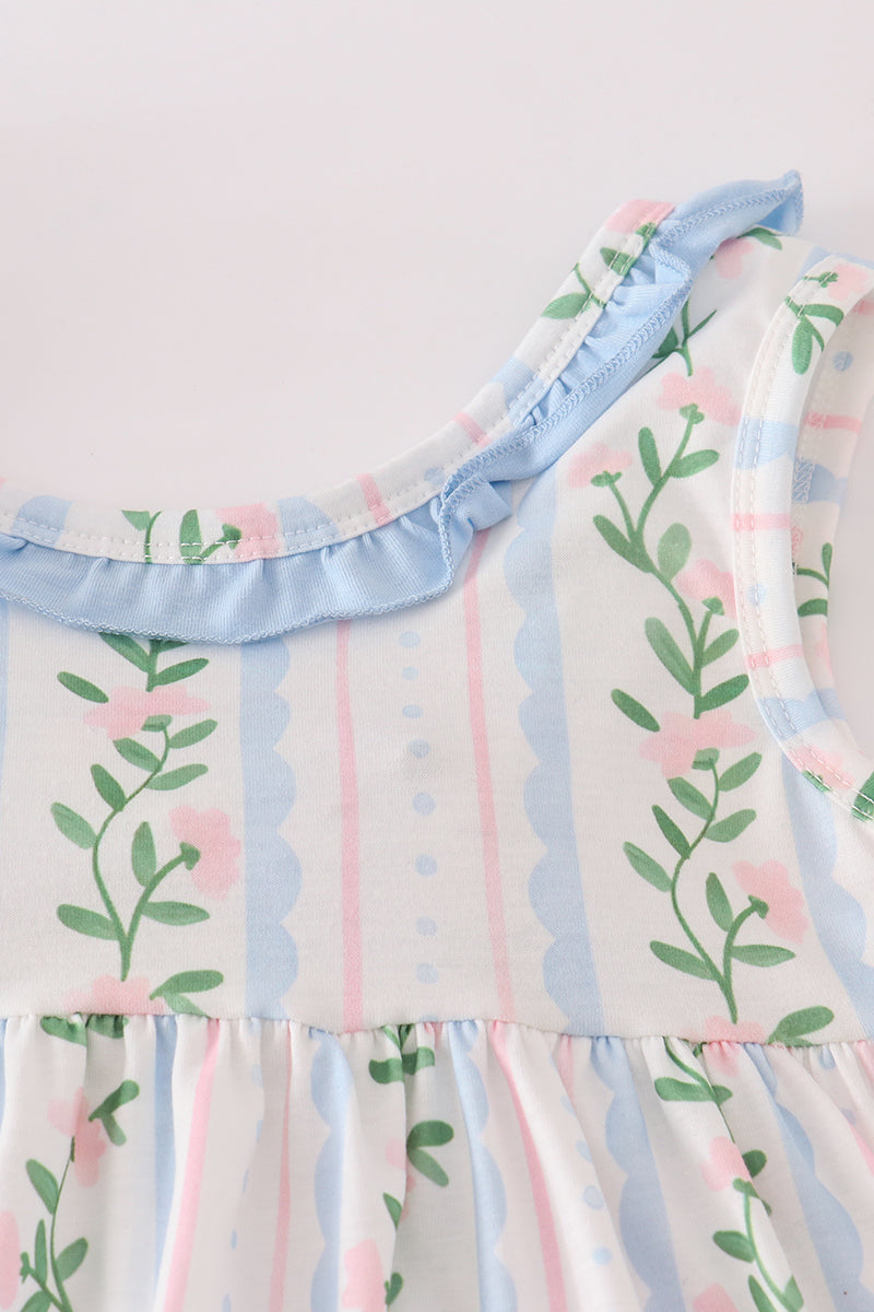 Blue Floral Print Ruffle Shorts Set