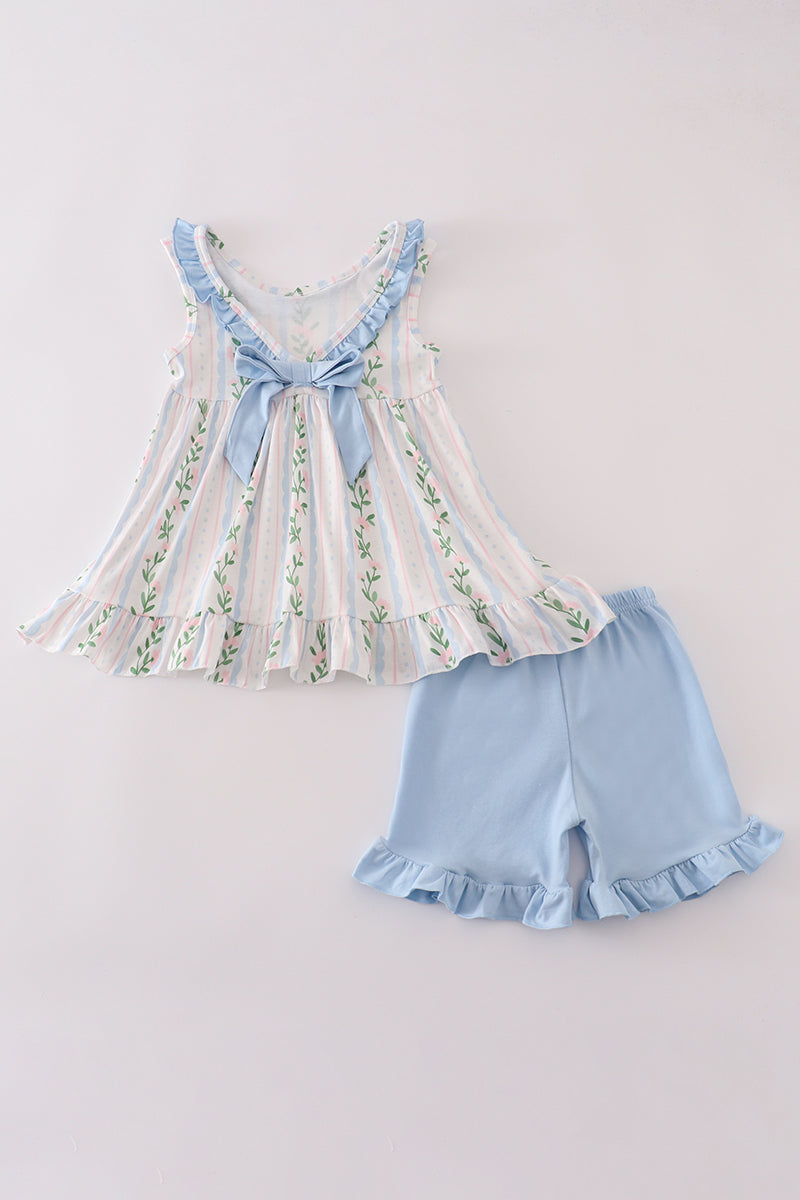 Blue Floral Print Ruffle Shorts Set