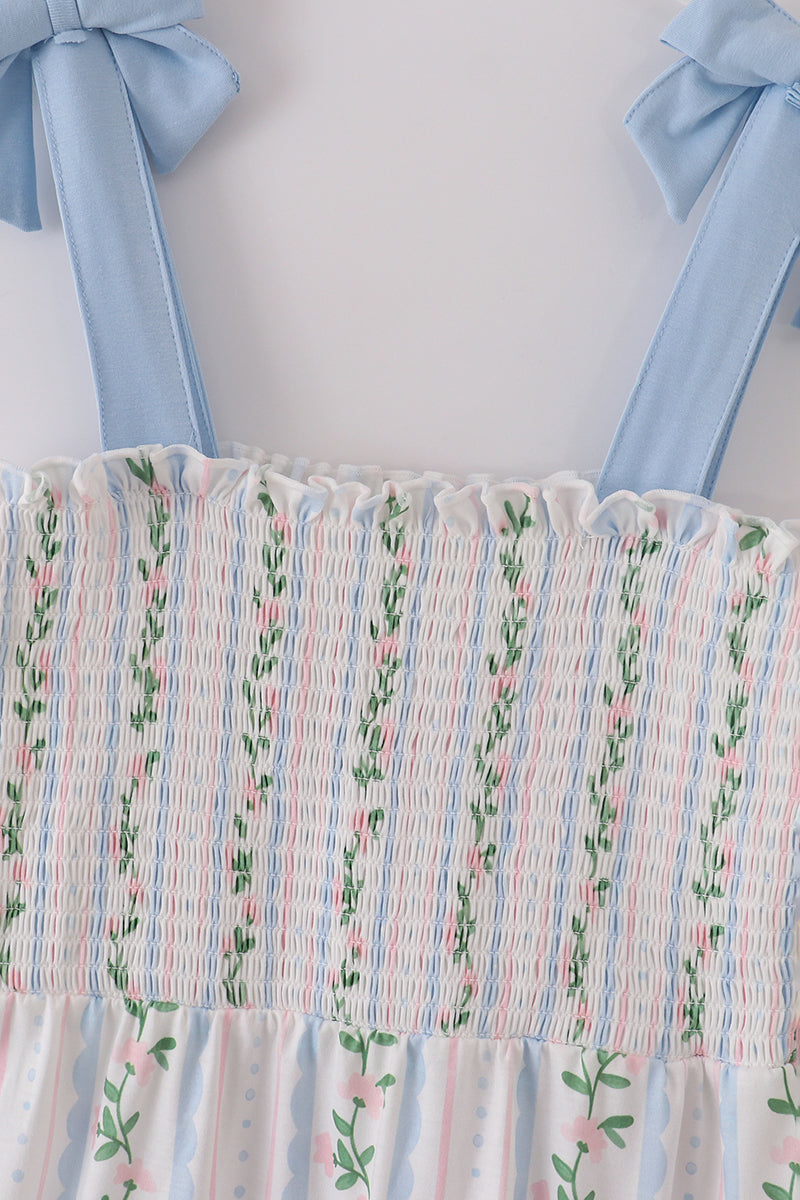 Blue Floral Smocked Women Dress