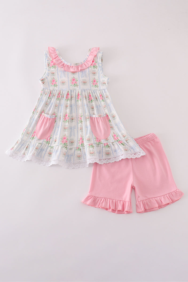 Tea Floral Bow Ruffle Shorts Set