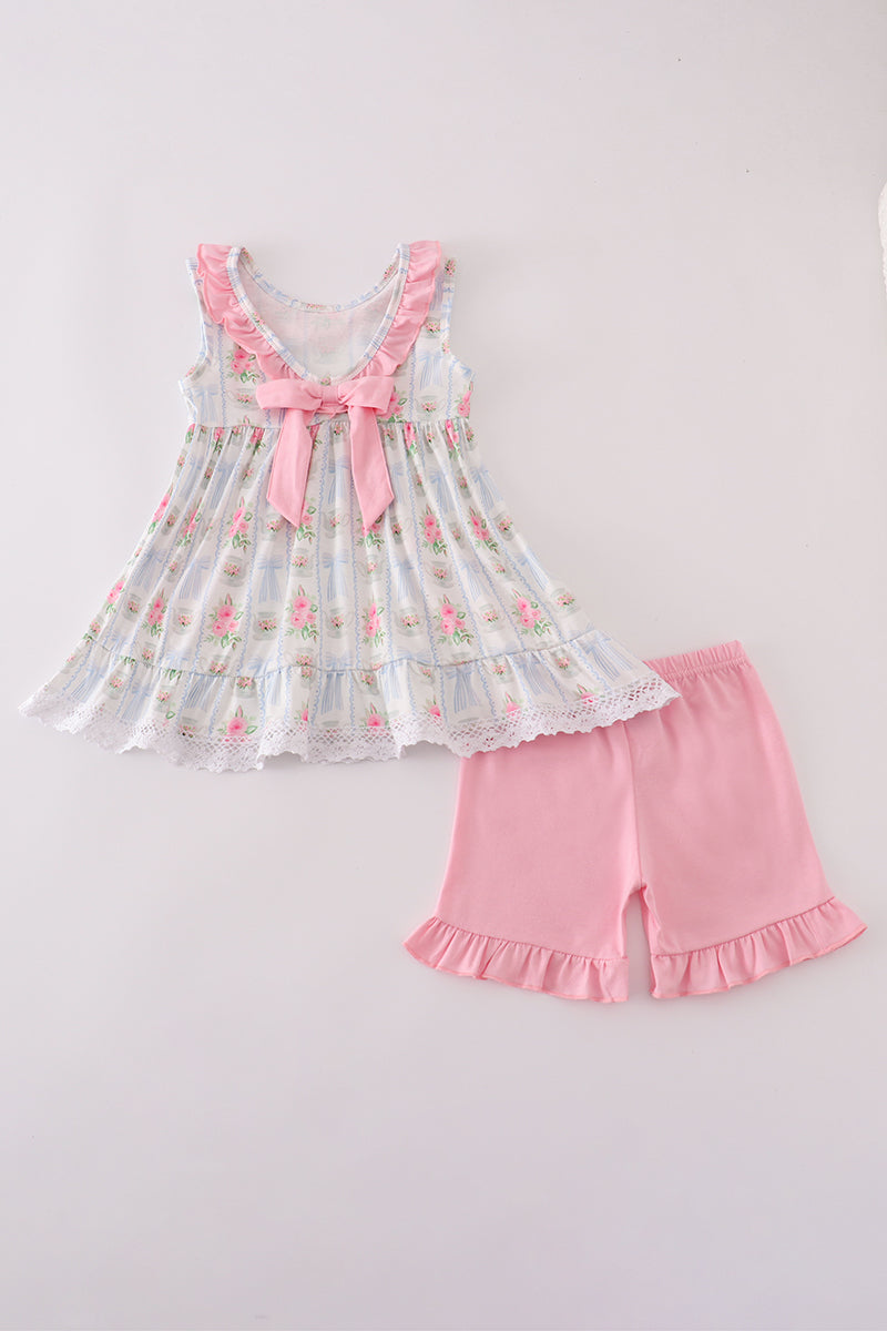Tea Floral Bow Ruffle Shorts Set