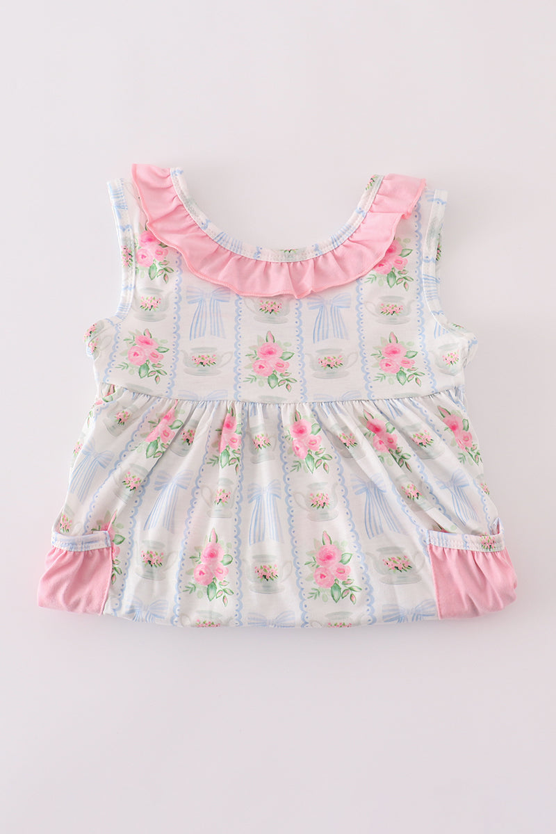Tea Floral Bow Ruffle Shorts Set