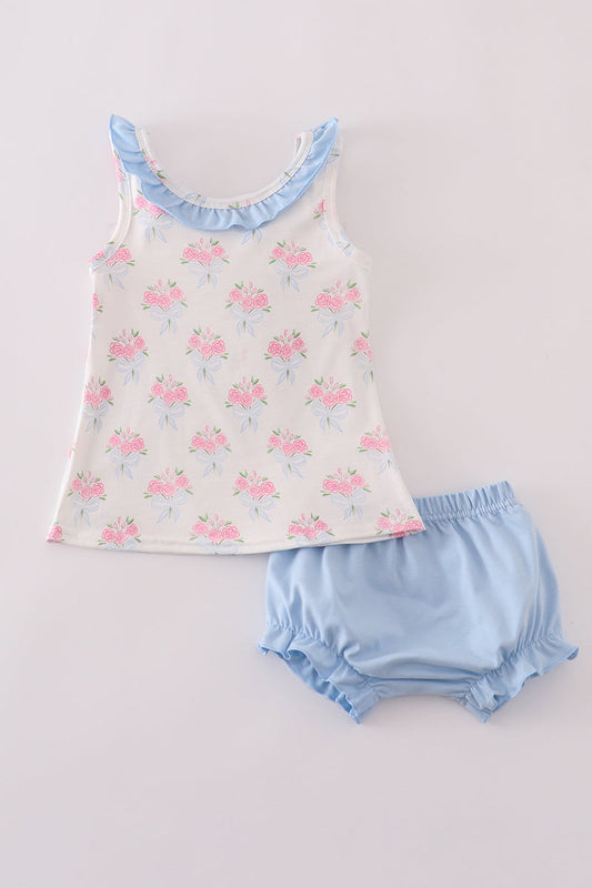 Blue Floral Bow Print Ruffle Bloomer Set