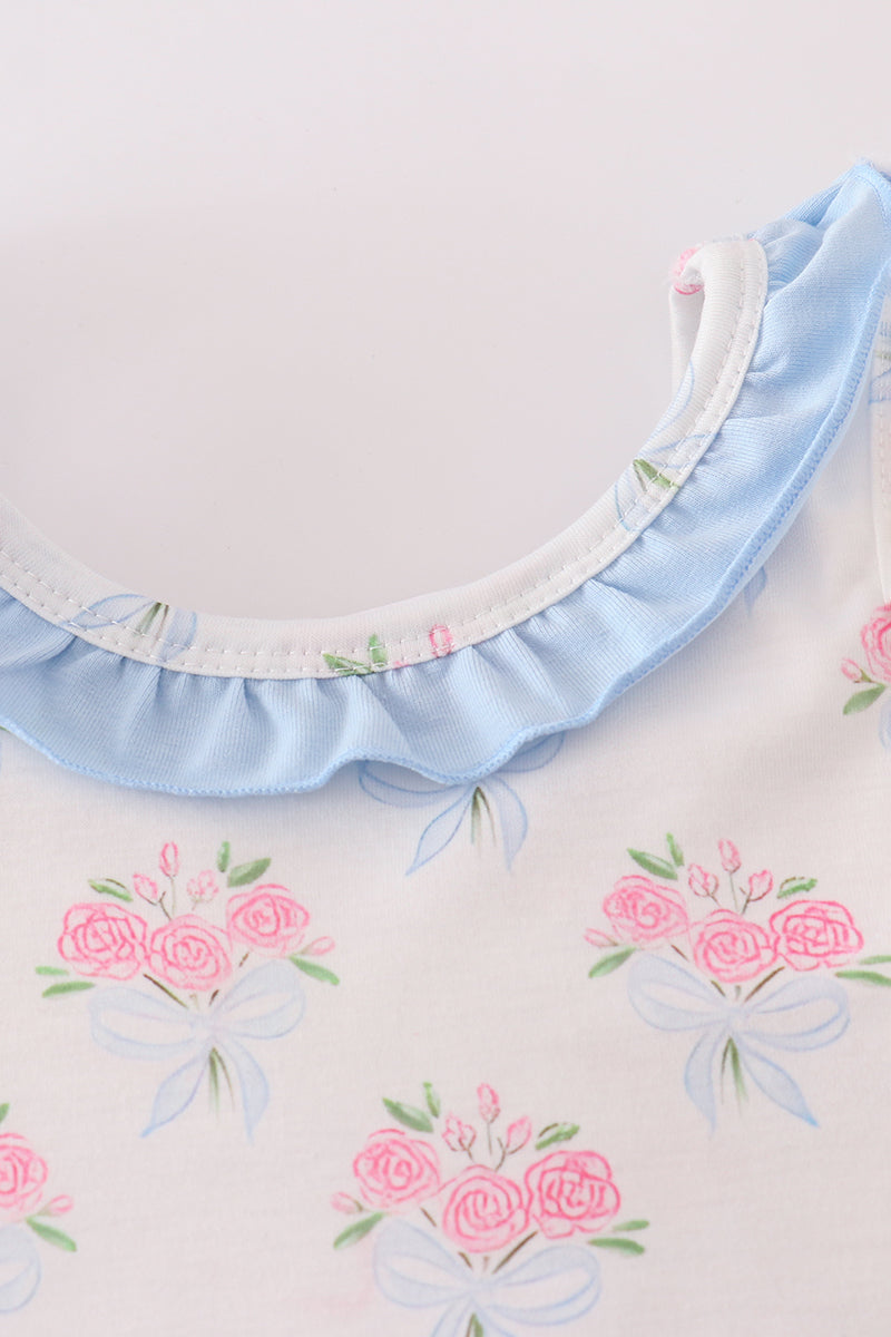 Blue Floral Bow Print Ruffle Bloomer Set