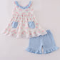 Blue Floral Bow Print Ruffle Shorts Set