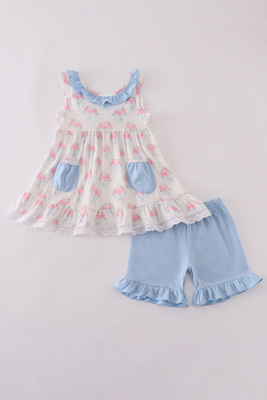 Blue Floral Bow Print Ruffle Shorts Set