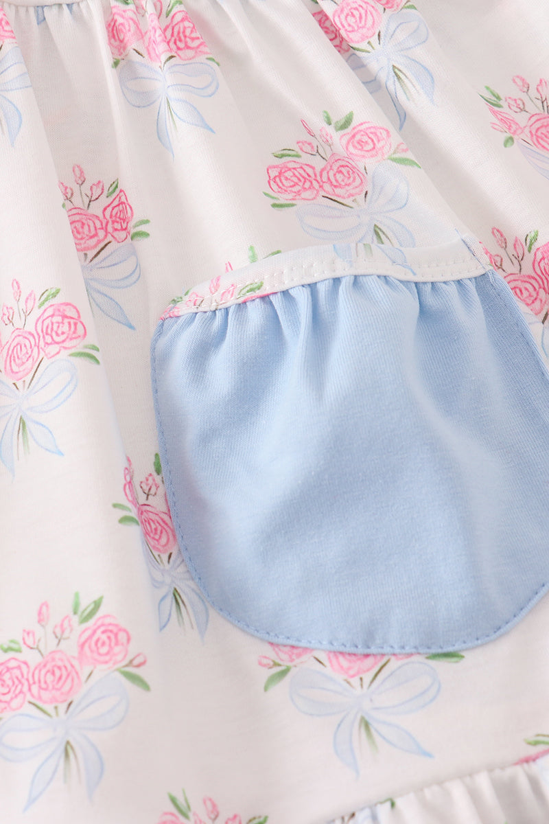Blue Floral Bow Print Ruffle Shorts Set