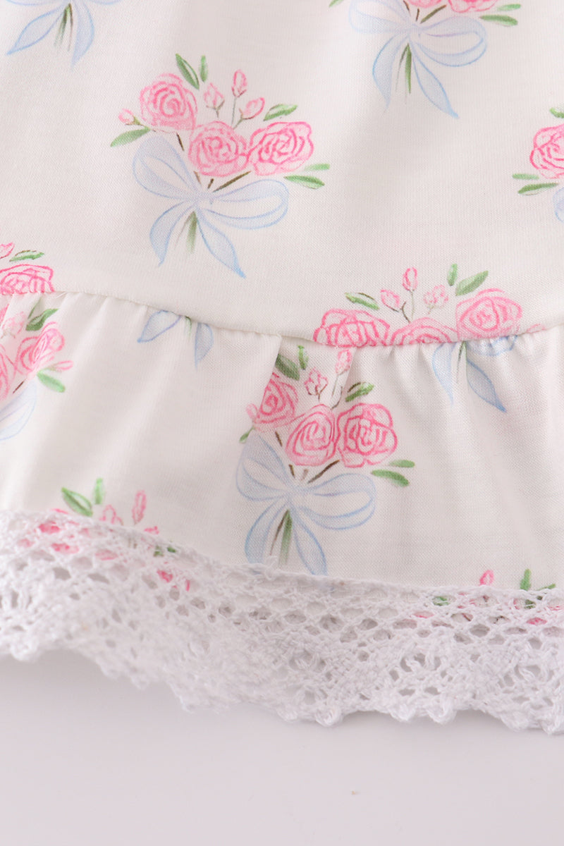 Blue Floral Bow Print Ruffle Shorts Set