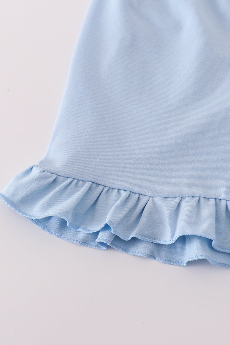 Blue Floral Bow Print Ruffle Shorts Set