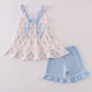 Blue Floral Bow Print Ruffle Shorts Set