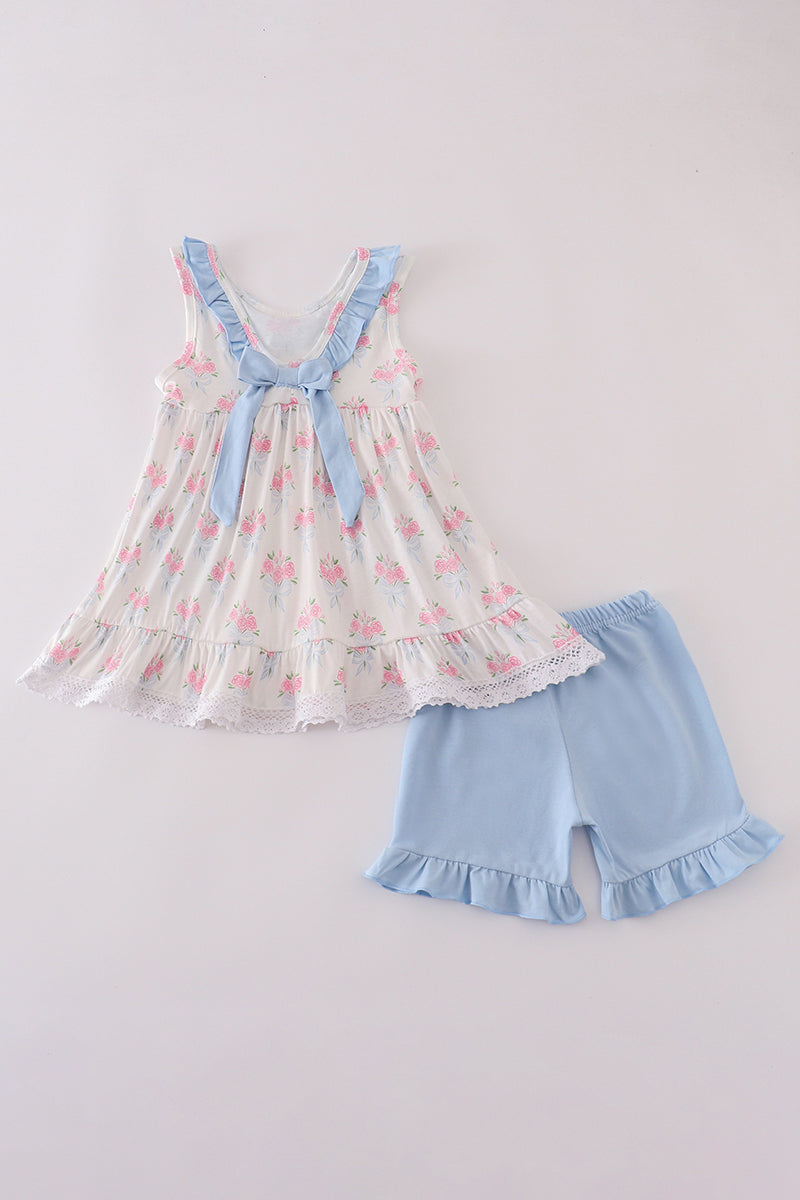 Blue Floral Bow Print Ruffle Shorts Set