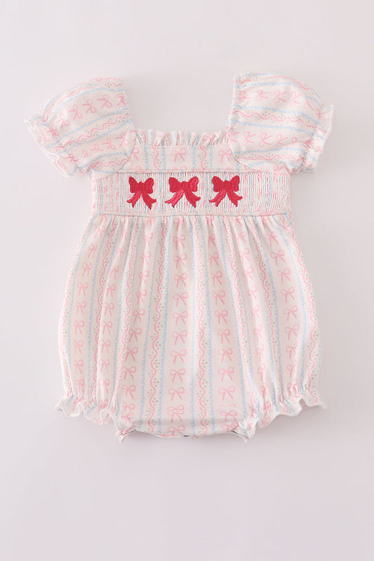 Pink Bow Embroidery Smocked Bubble
