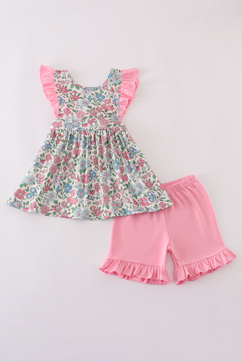 Vintage Floral Print Ruffle Shorts Set