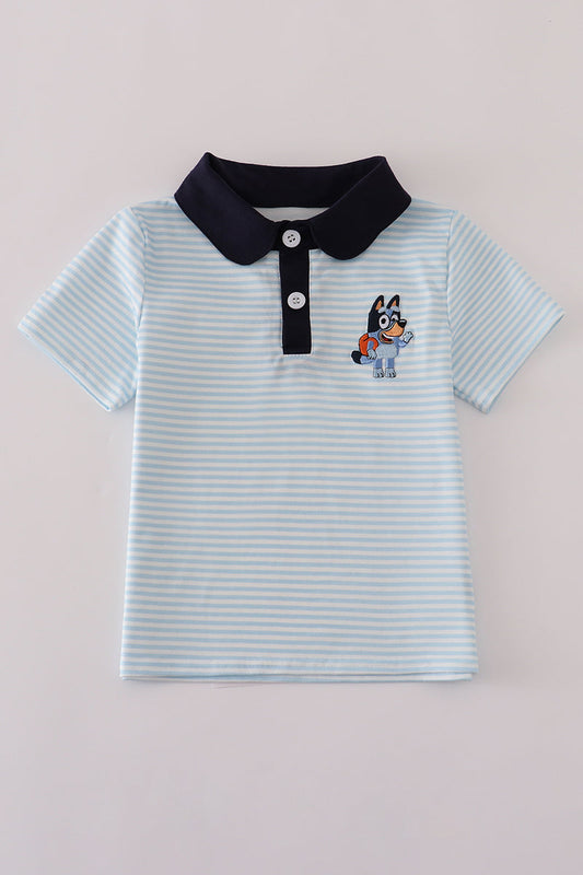 Blue Stripe Character Embroidery Button Down Shirt