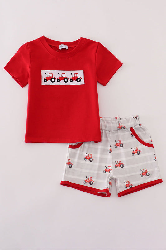 Red  Tractor Embroidery Shorts Set