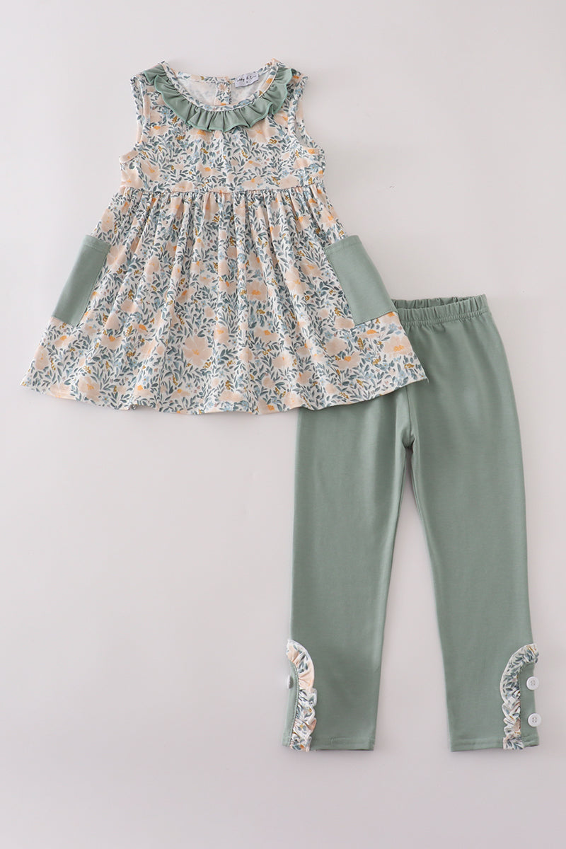 Fall Floral Print Ruffle Pants Set