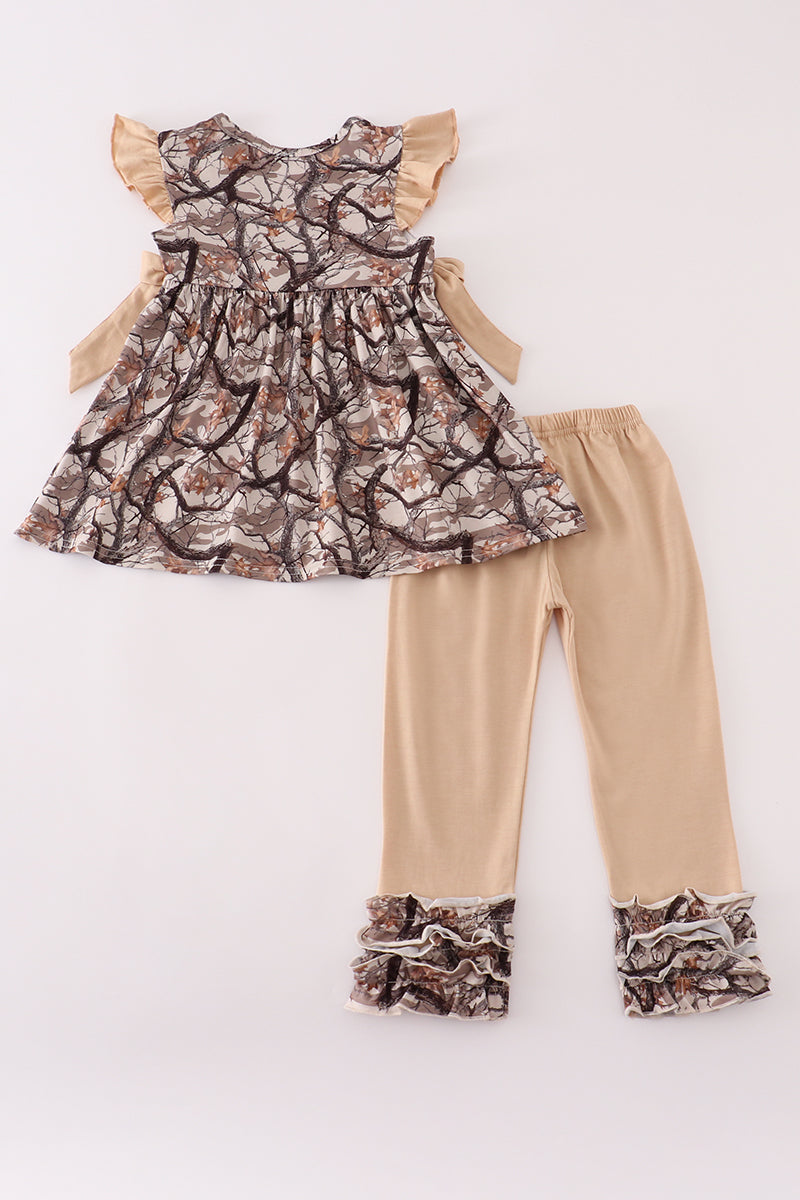 Hunting Dog Deer Duck Embroidery Ruffle Pants Set