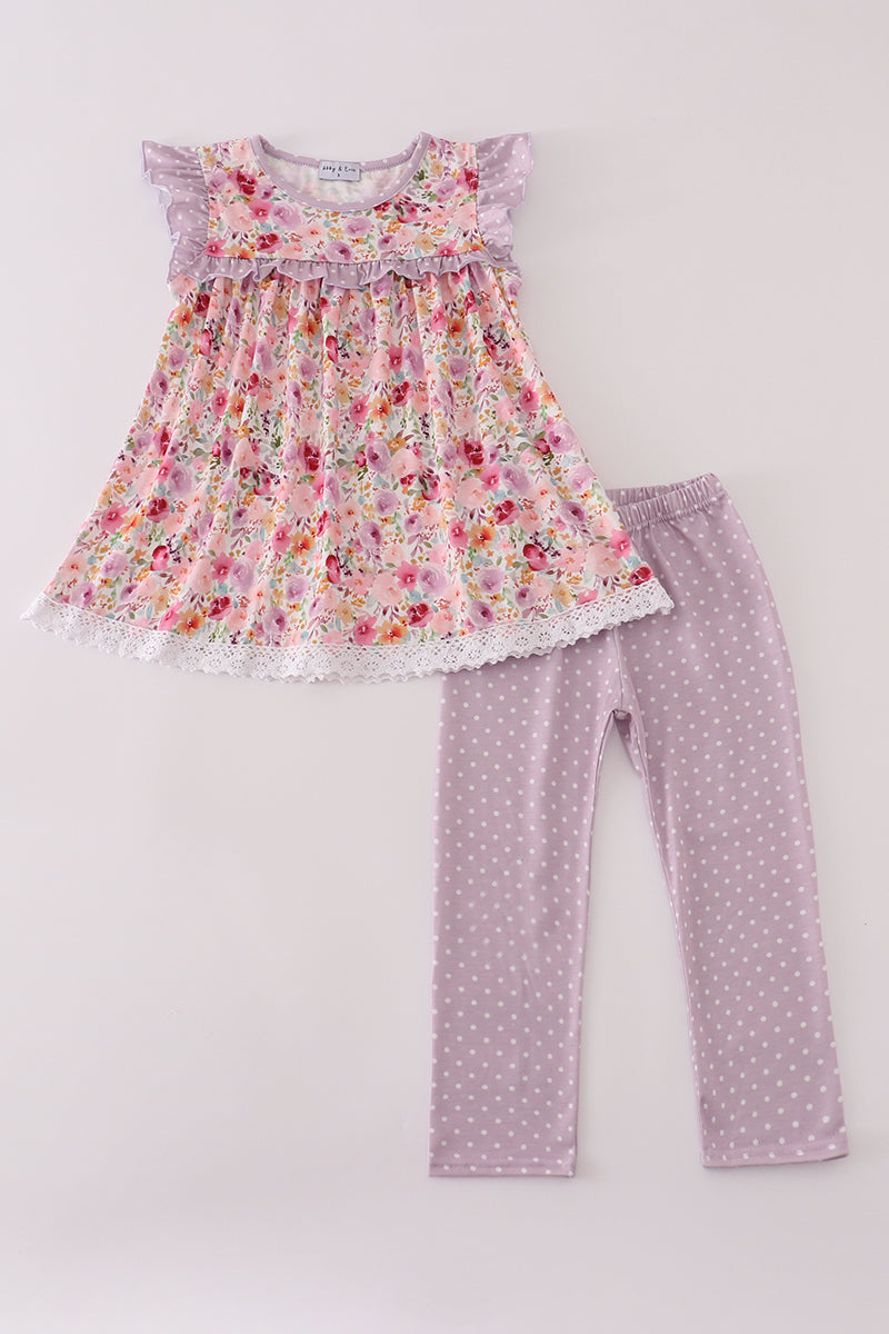 Purple Floral Print Ruffle Pants Set