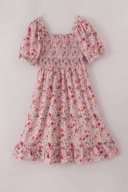 Purple Floral Print Ruffle Mom&Me Dress