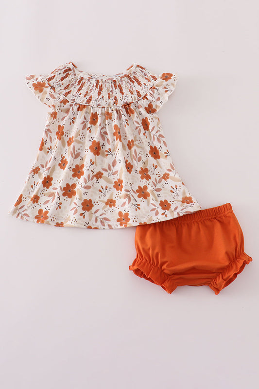 Fall Floral Print Smocked Bloomer Set