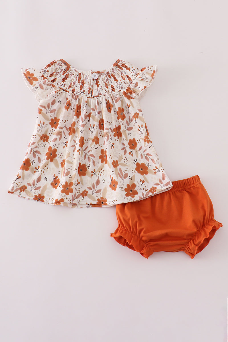 Fall Floral Print Smocked Bloomer Set