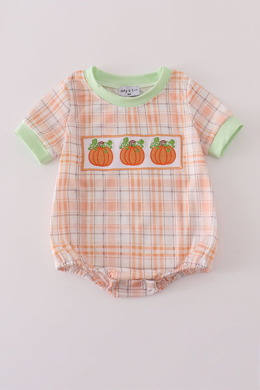 Orange Pumpkin Embroidery Plaid Bubble