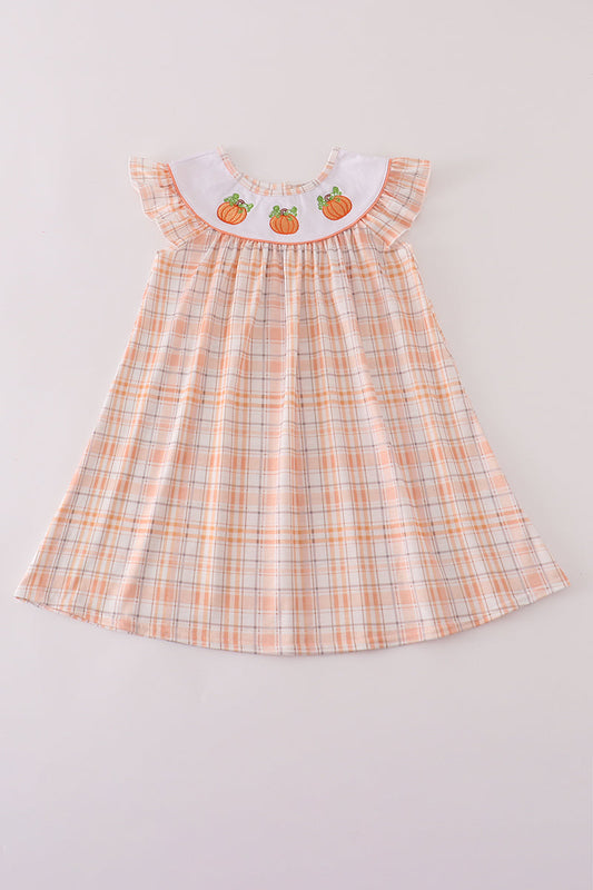 Orange Pumpkin Embroidery Plaid Dress