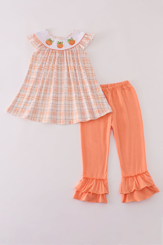 Orange Pumpkin Embroidery Plaid Ruffle Pants Set