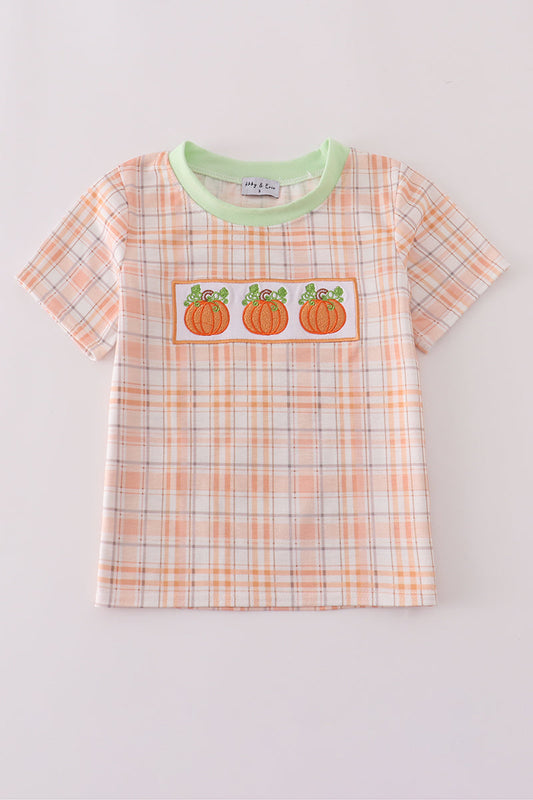 Orange Pumpkin Embroidery Plaid Top